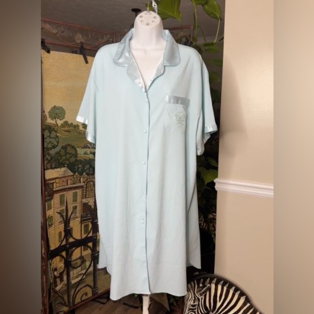 Vintage Blue Button-Up Nightgown With Satin Trim & Chest Pocket